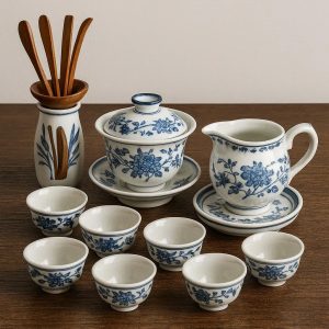Kung Fu Tea Set - Traditional Chinese Porcelain, Including Serving Utensils
