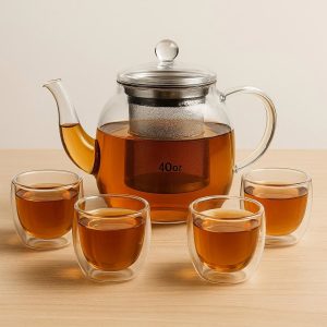40oz Glass Teapot Set - with 4 Insulated Teacups, Perfect for Home & Office Use